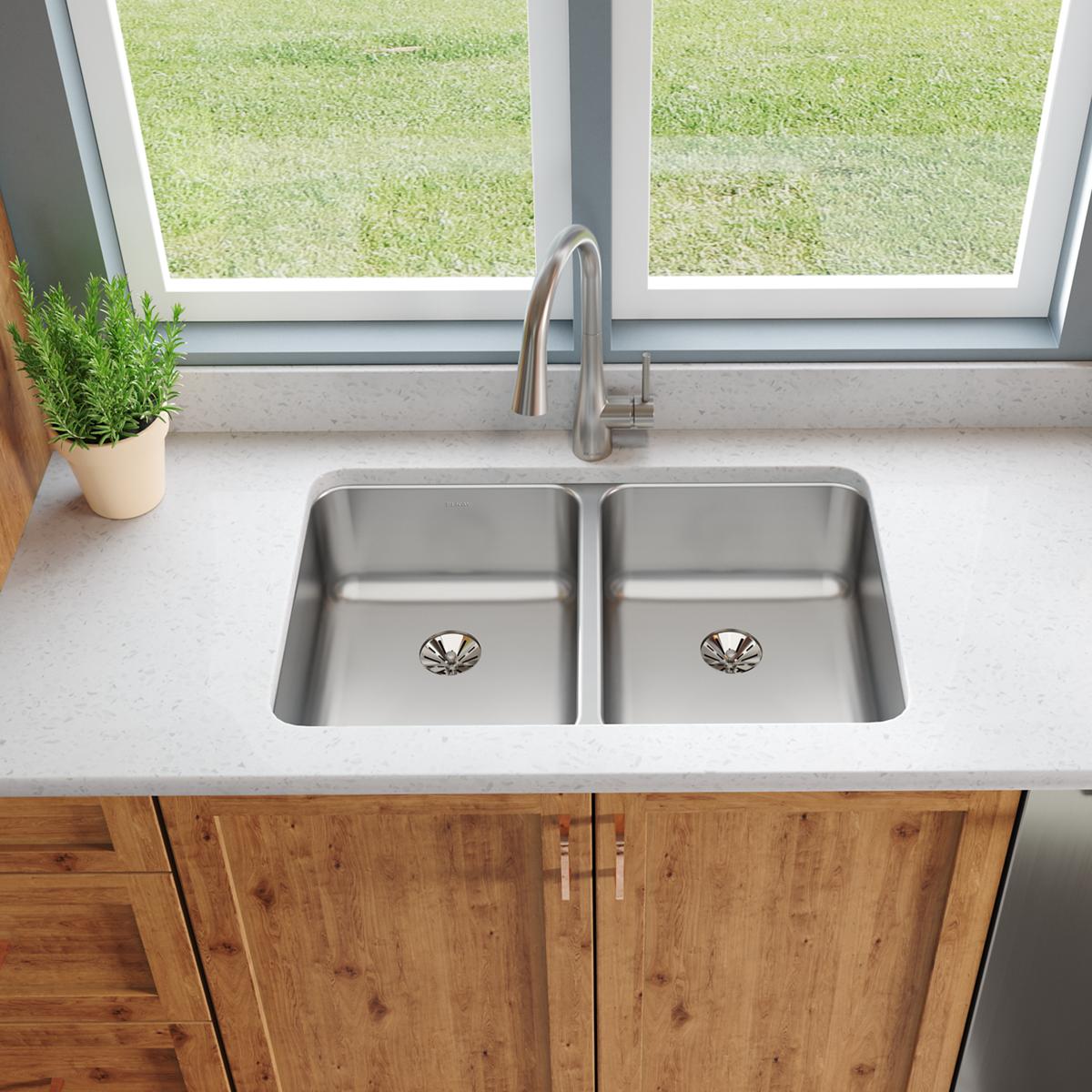 Elkay Lustertone Classic 31" Undermount Stainless Steel Kitchen Sink, 50/50 Double Bowl, Lustrous Satin, 18 Gauge, ELUH3220PD