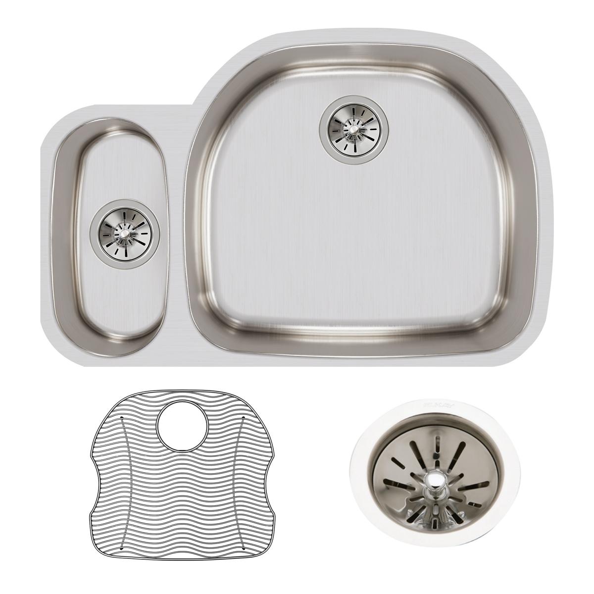 Elkay Lustertone Classic 32" Undermount Stainless Steel Kitchen Sink Kit, 40/60 Double Bowl, Lustrous Satin, 18 Gauge, ELUH3221LDBG