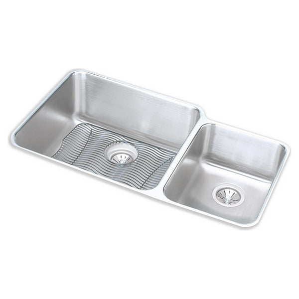 Elkay Lustertone Classic 35" Undermount Stainless Steel Kitchen Sink Kit, 60/40 Double Bowl, Lustrous Satin, 18 Gauge, ELUH3520RDBG