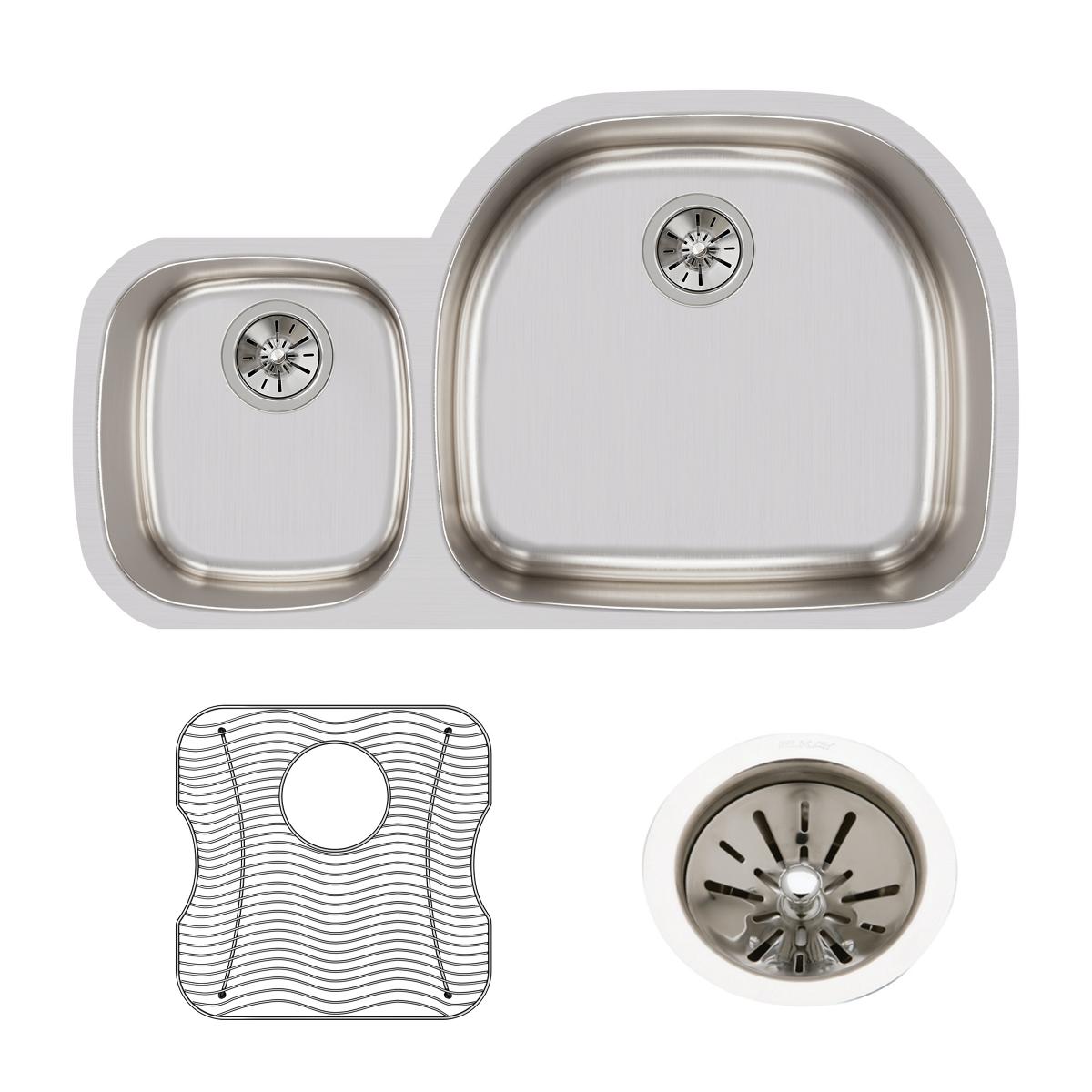 Elkay Lustertone Classic 36" Undermount Stainless Steel Kitchen Sink Kit, 40/60 Double Bowl, Lustrous Satin, 18 Gauge, ELUH3621LDBG