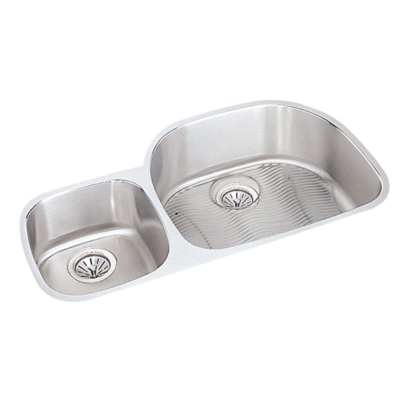 Elkay Lustertone Classic 36" Undermount Stainless Steel Kitchen Sink Kit, 40/60 Double Bowl, Lustrous Satin, 18 Gauge, ELUH3621LDBG