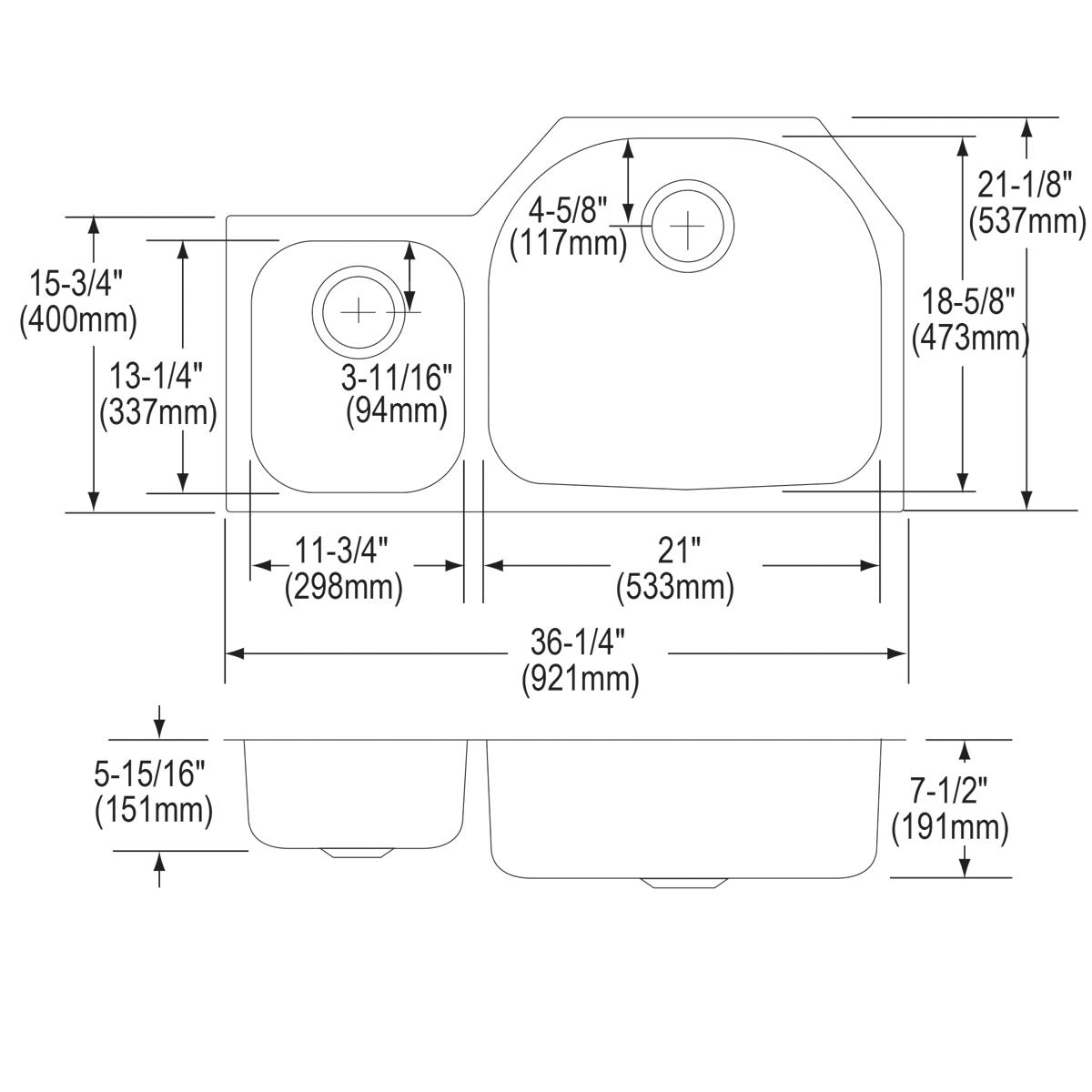 Elkay Lustertone Classic 36" Undermount Stainless Steel Kitchen Sink Kit, 40/60 Double Bowl, Lustrous Satin, 18 Gauge, ELUH3621LDBG