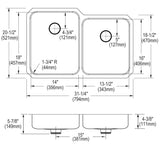 Elkay Lustertone Classic 31" Undermount Stainless Steel ADA Kitchen Sink, 60/40 Double Bowl, Lustrous Satin, 18 Gauge, ELUHAD312045RPD