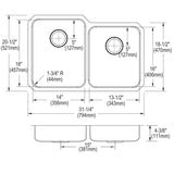 Elkay Lustertone Classic 31" Undermount Stainless Steel ADA Kitchen Sink, 60/40 Double Bowl, Lustrous Satin, 18 Gauge, ELUHAD312045R