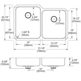 Elkay Lustertone Classic 31" Undermount Stainless Steel ADA Kitchen Sink, 60/40 Double Bowl, Lustrous Satin, 18 Gauge, ELUHAD312050RPD