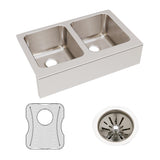 Elkay Lustertone Classic 33" Stainless Steel Farmhouse Sink Kit, 50/50 Double Bowl, Lustrous Satin, 18 Gauge, ELUHF332010DBG