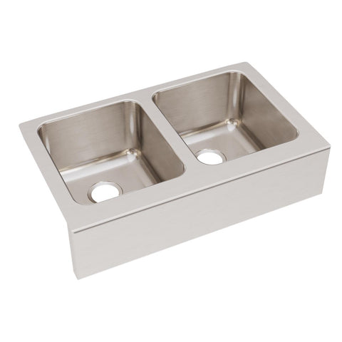 Elkay Lustertone Classic 33" Stainless Steel Farmhouse Sink, 50/50 Double Bowl, Lustrous Satin, No Faucet Hole, ELUHF332010