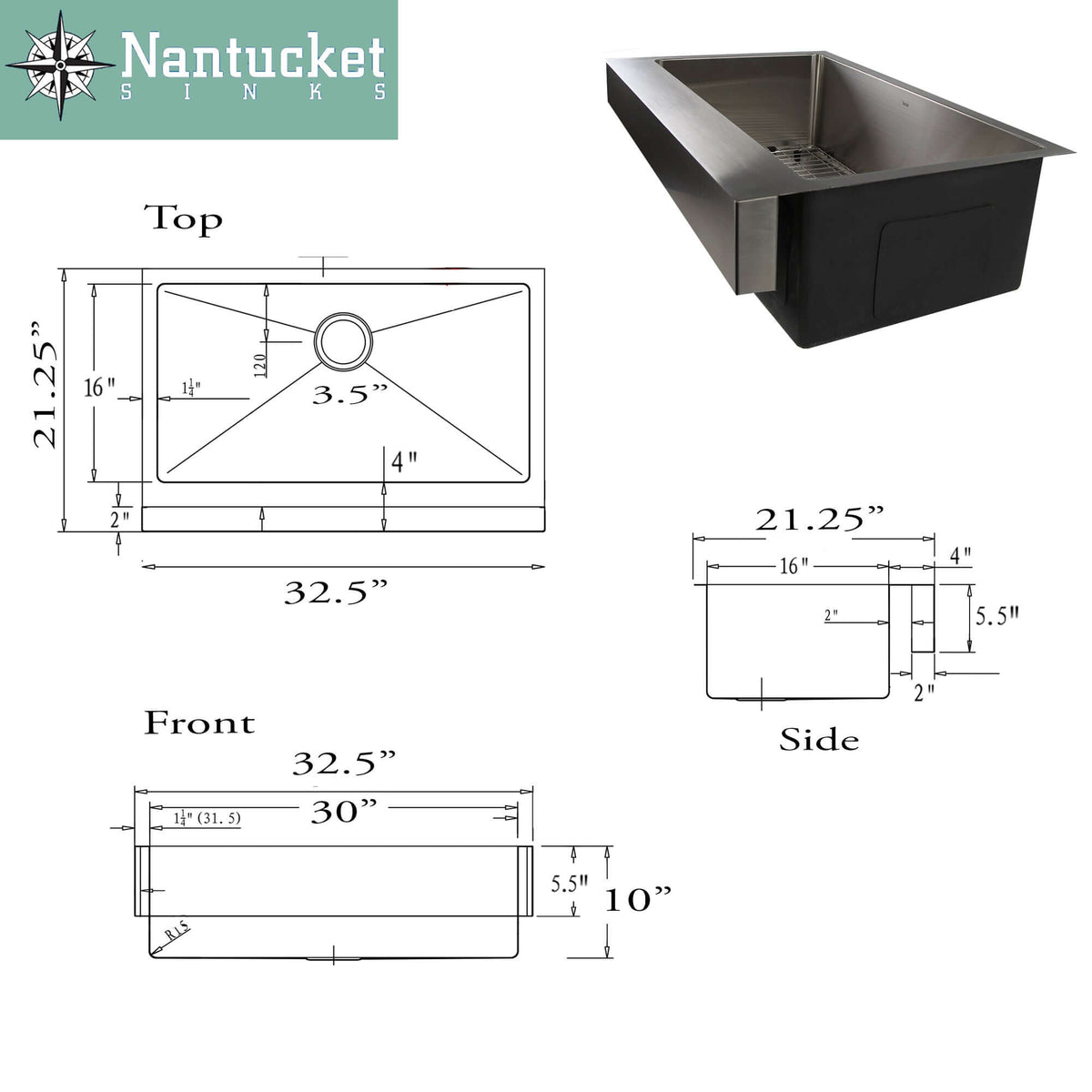 Nantucket Sinks Pro Series 33" Stainless Steel Retrofit Farmhouse Sink, 16 Gauge, EZApron33-5.5