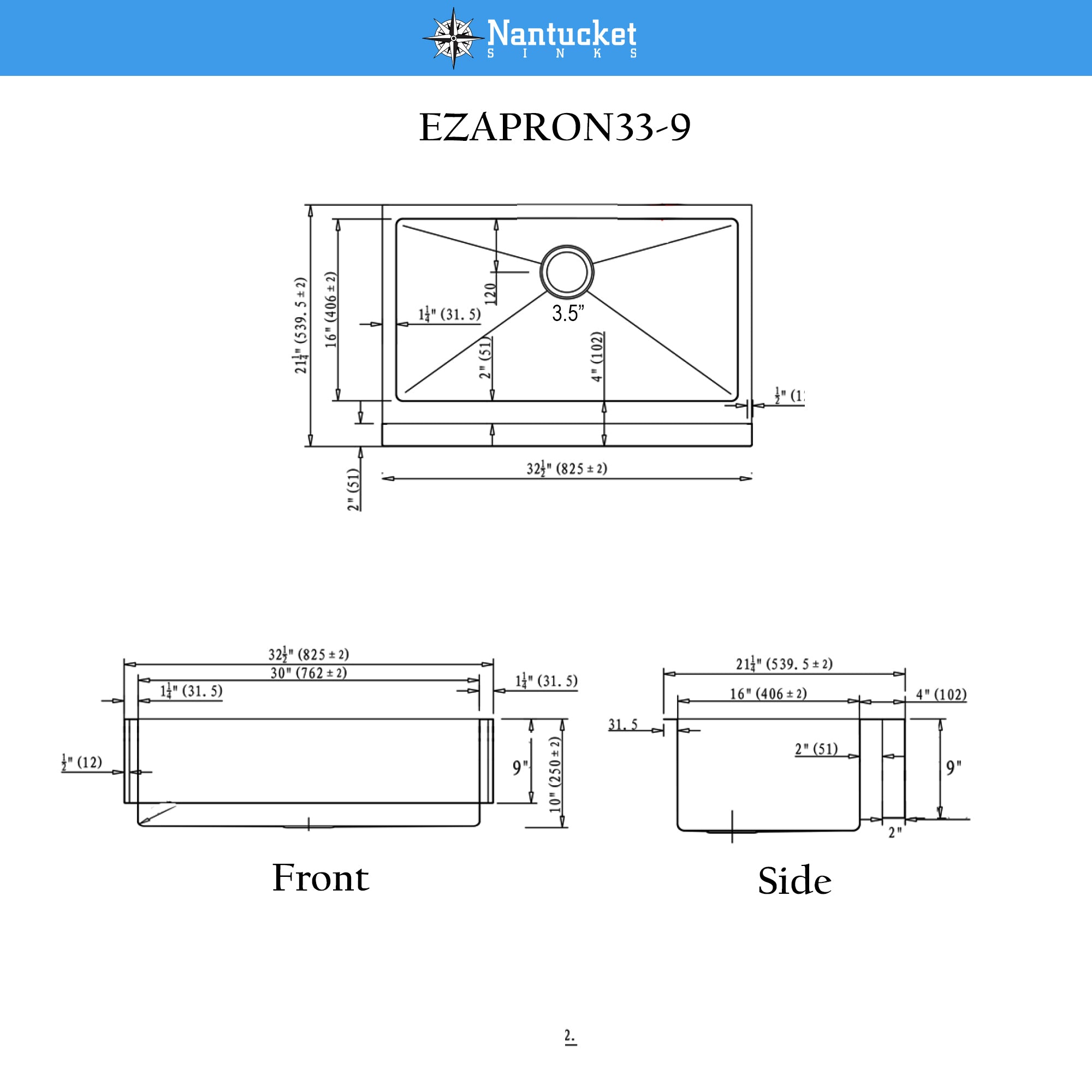 Nantucket Sinks Pro Series 33" 304 Stainless Steel Retrofit Farmhouse Sink with Accessories, EZApron33-9