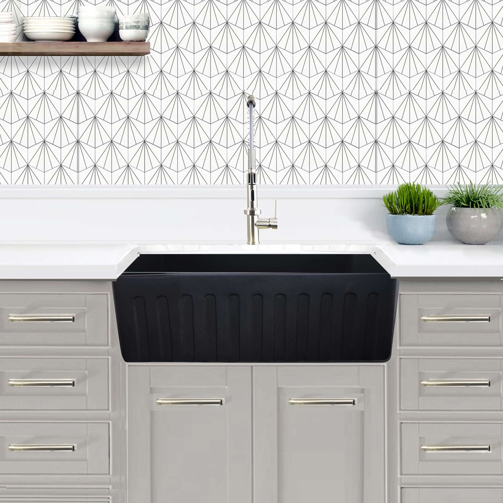 Nantucket Sinks Vineyard 30" Fireclay Farmhouse Sink with Accessories, Matte Black, FCFS3020S-MatteBlack