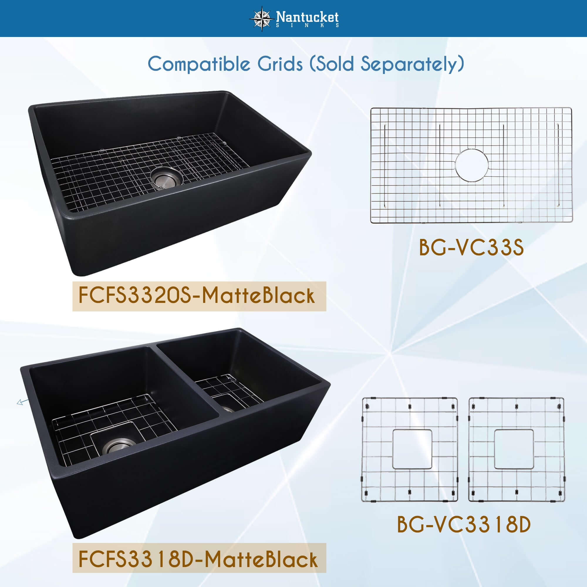 Nantucket Sinks Vineyard 33" Fireclay Farmhouse Sink with Accessories, Matte Black, FCFS3320S-MatteBlack