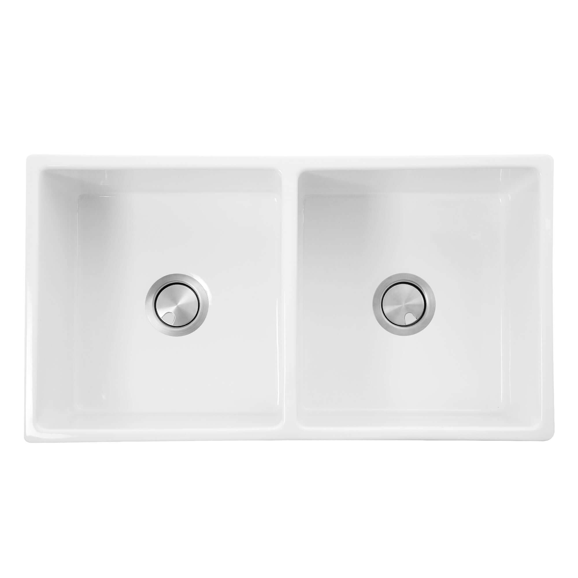Nantucket Sinks Vineyard 33" Fireclay Farmhouse Sink with Accessories, 50/50 Double Bowl, White, FCFS3318D-Grapes
