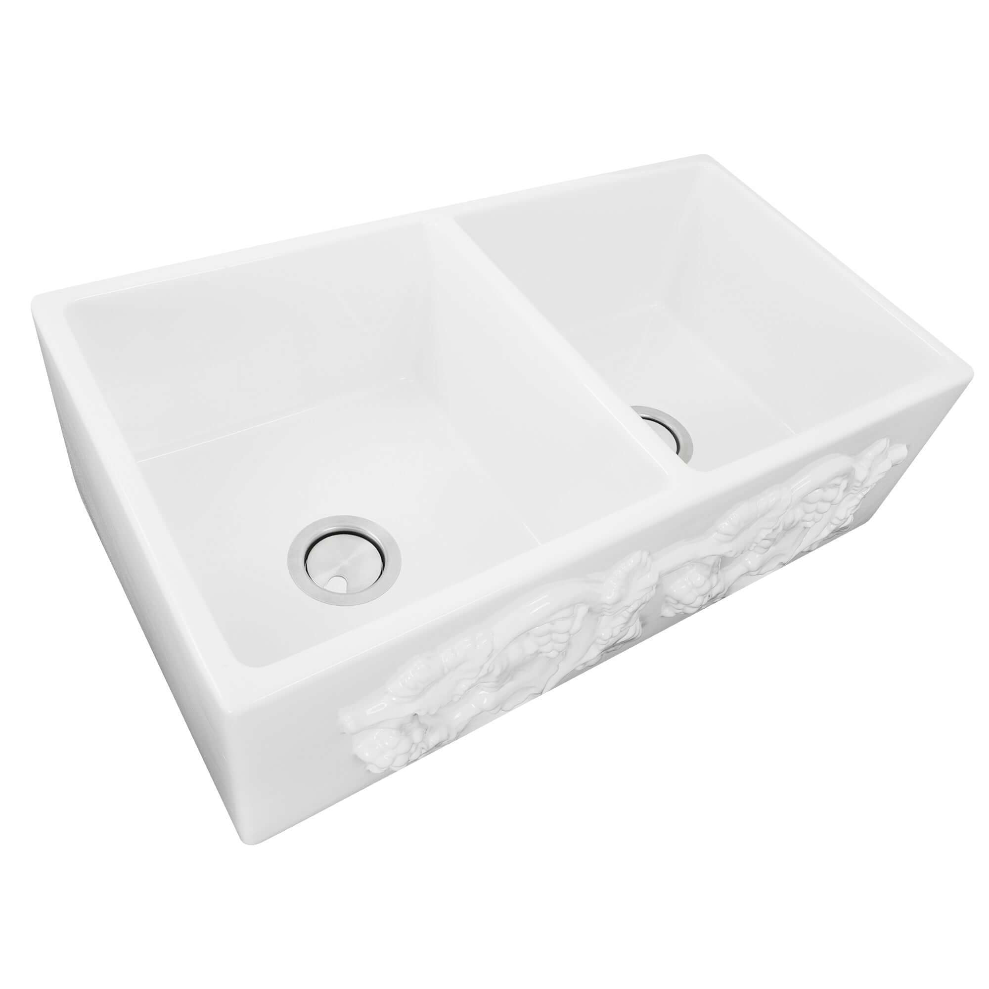 Nantucket Sinks Vineyard 33" Fireclay Farmhouse Sink with Accessories, 50/50 Double Bowl, White, FCFS3318D-Grapes
