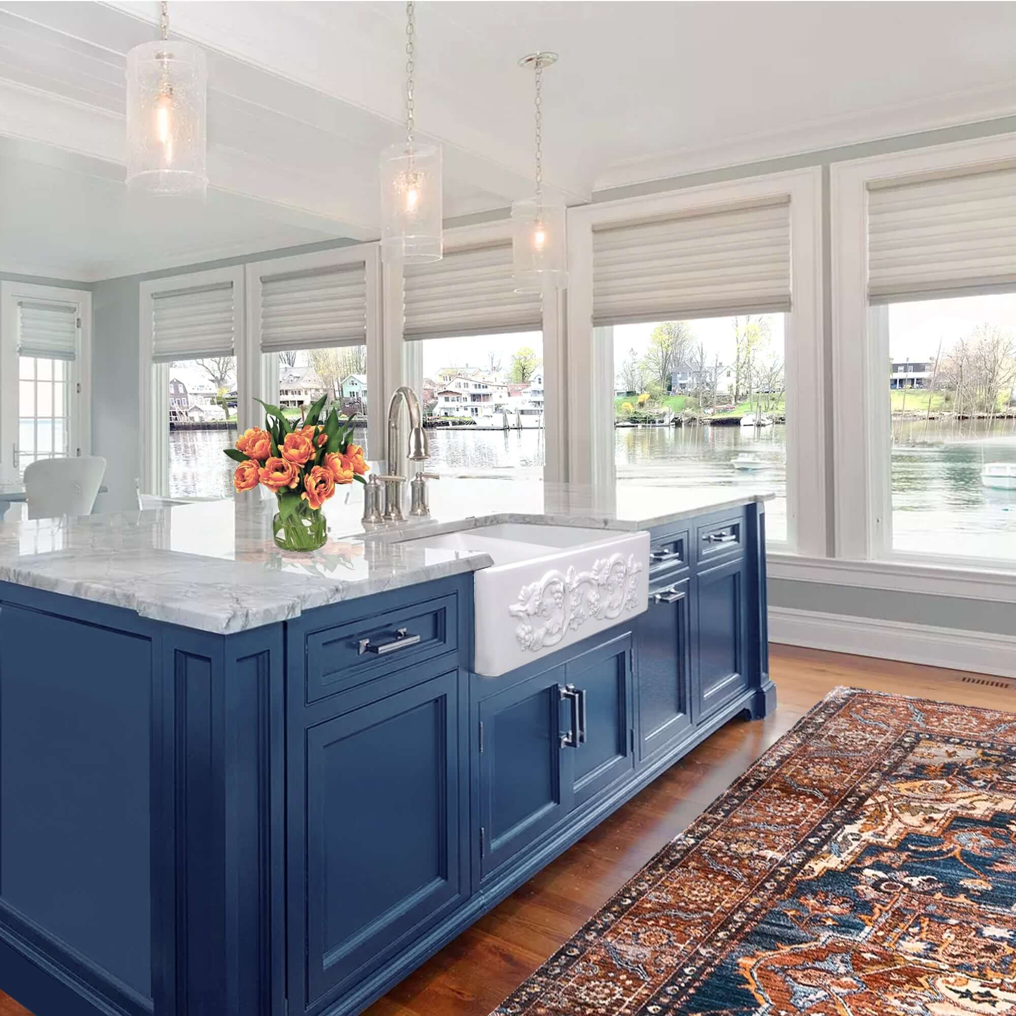 Nantucket Sinks Vineyard 33" Fireclay Farmhouse Sink with Accessories, 50/50 Double Bowl, White, FCFS3318D-Grapes