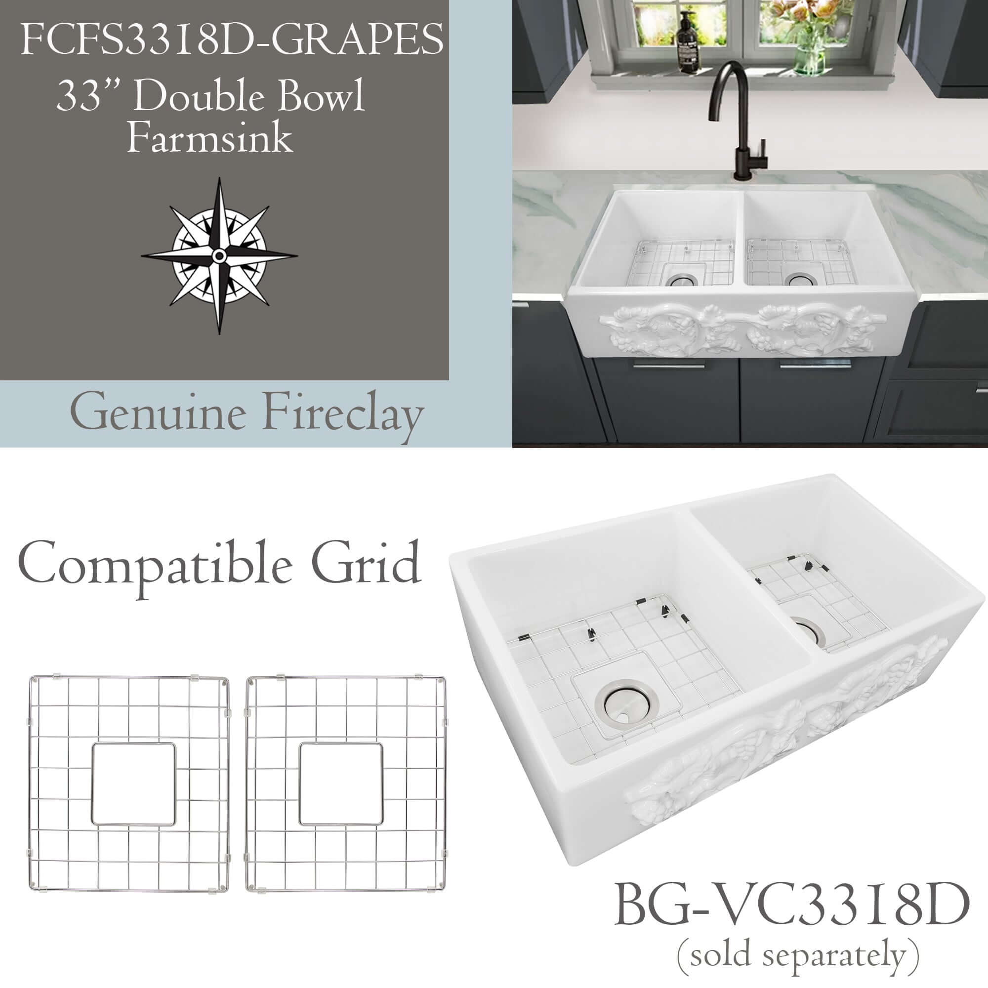 Nantucket Sinks Vineyard 33" Fireclay Farmhouse Sink with Accessories, 50/50 Double Bowl, White, FCFS3318D-Grapes