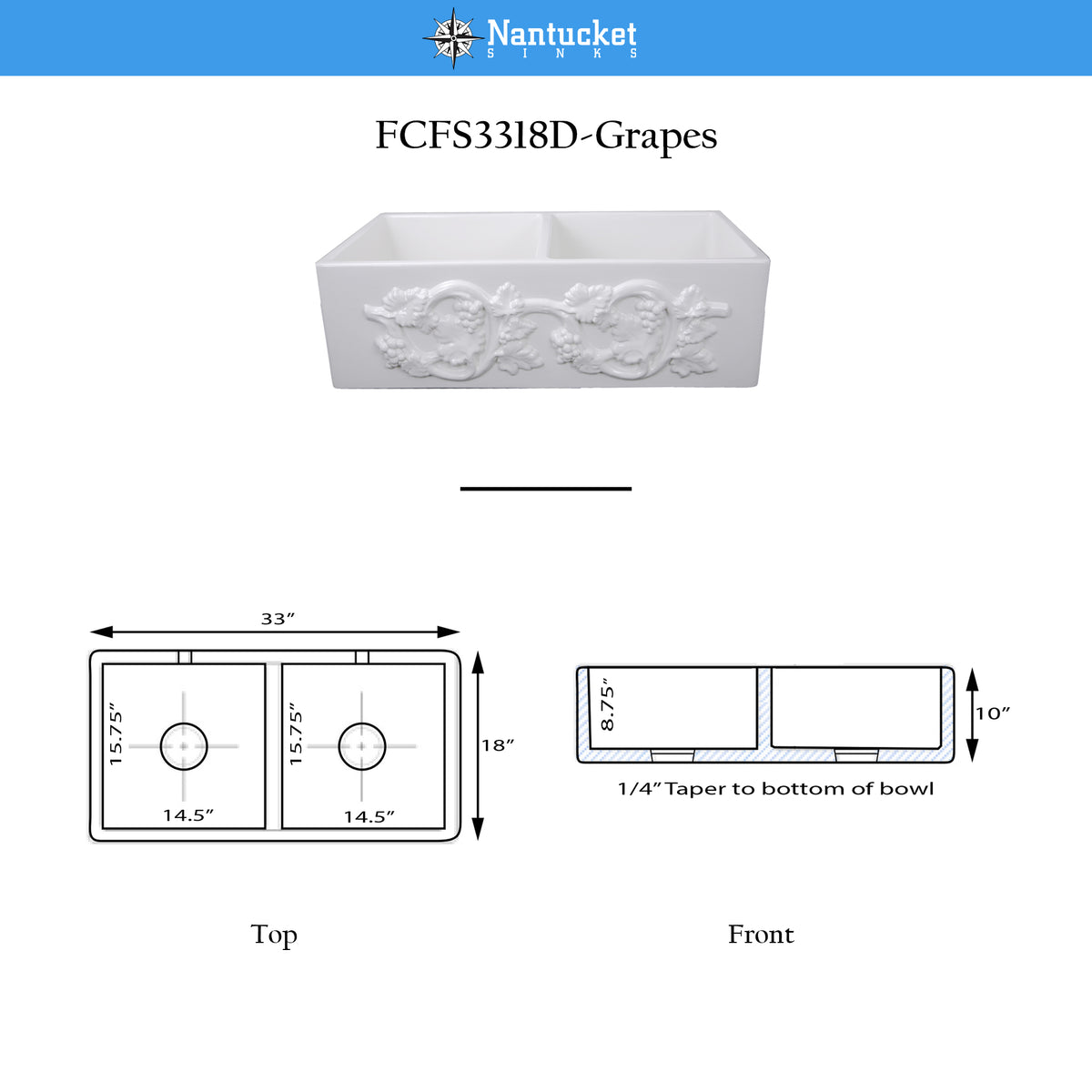 Nantucket Sinks Vineyard 33" Fireclay Farmhouse Sink with Accessories, 50/50 Double Bowl, White, FCFS3318D-Grapes