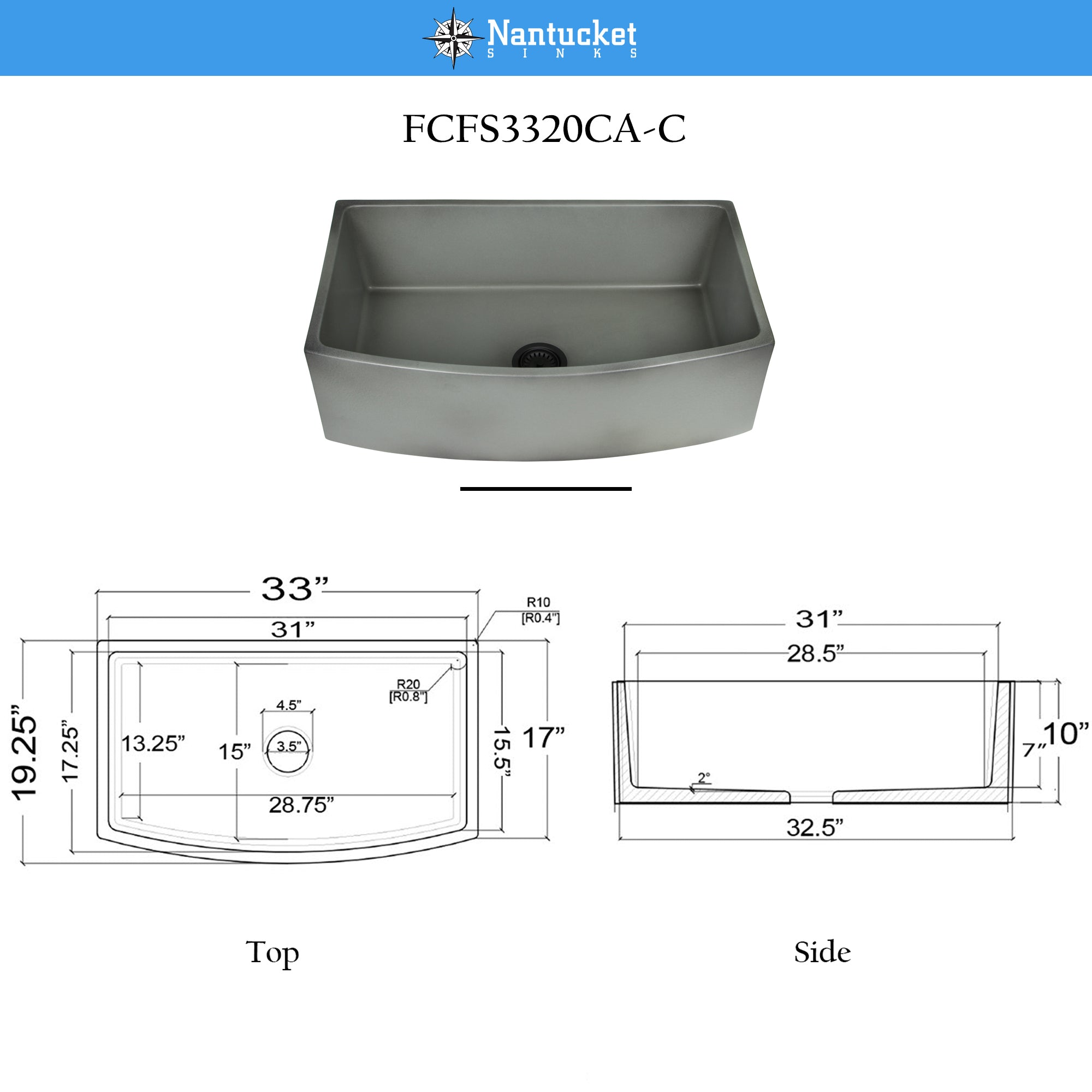 Nantucket Sinks Vineyard 33" Fireclay Farmhouse Sink with Accessories, Concrete, FCFS3320CA-C