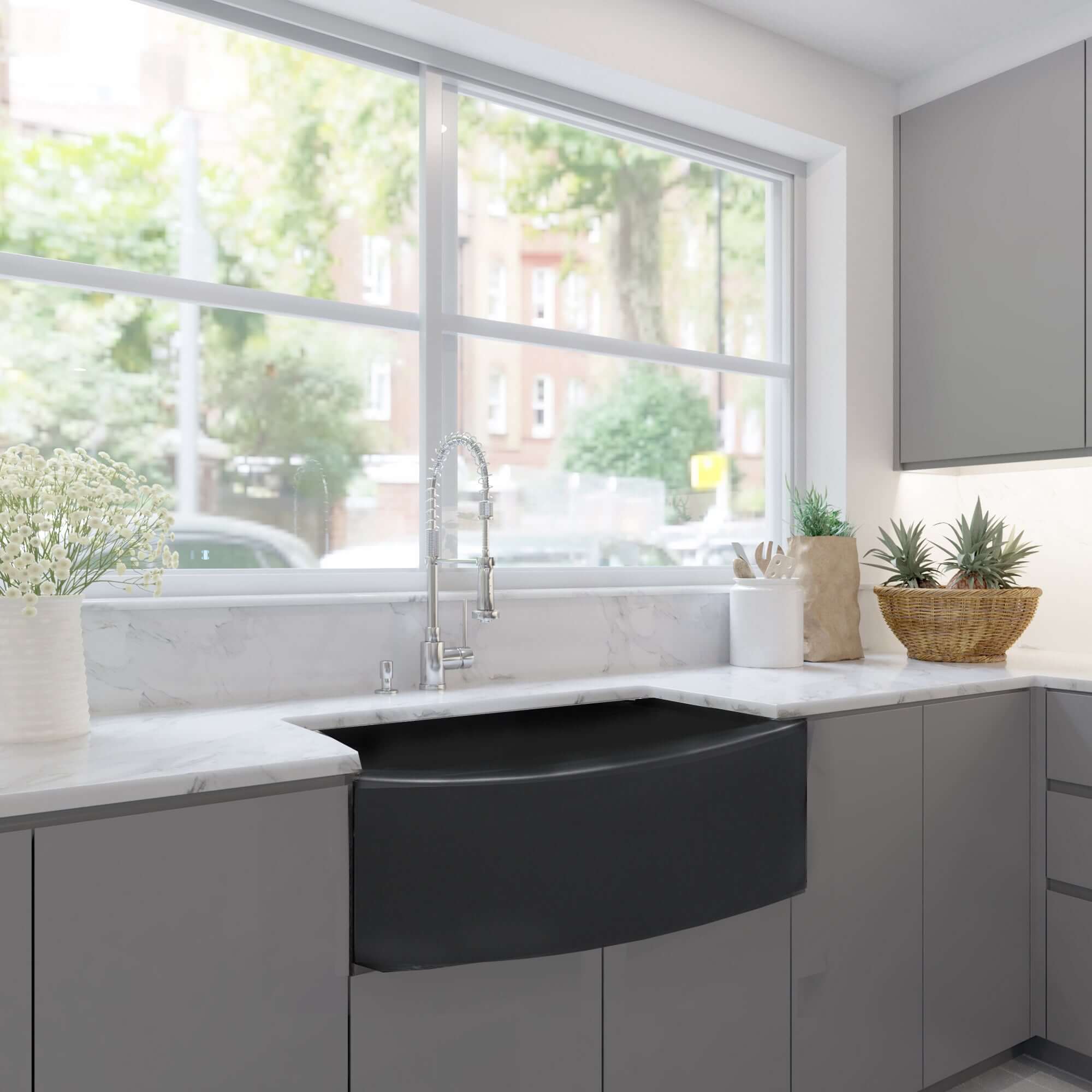 Nantucket Sinks Vineyard 33" Fireclay Farmhouse Sink with Accessories, Matte Black, FCFS3320CA-MB