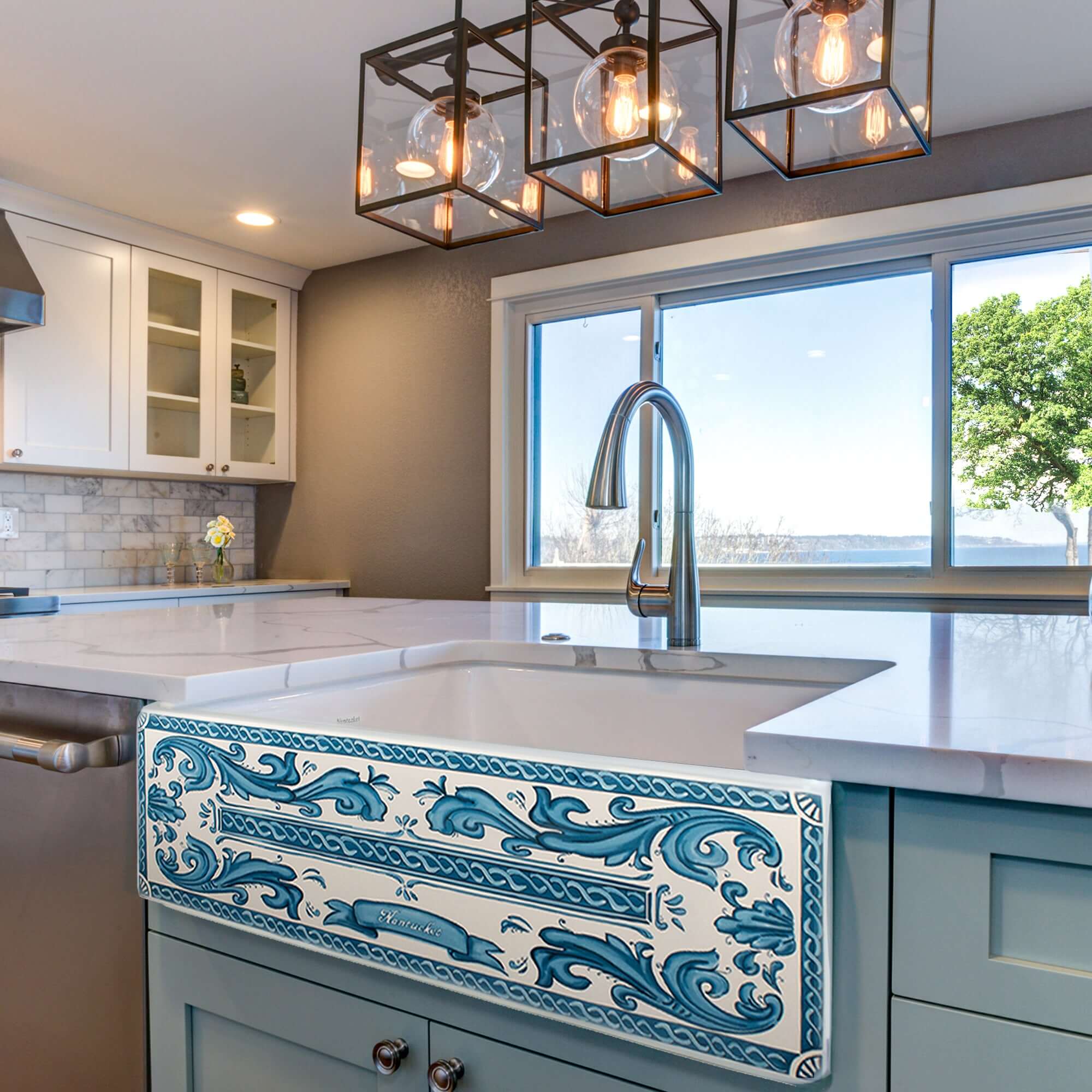 Nantucket Sinks Vineyard 33" Fireclay Farmhouse Sink with Accessories, White/Blue, FCFS3320S-BluMare