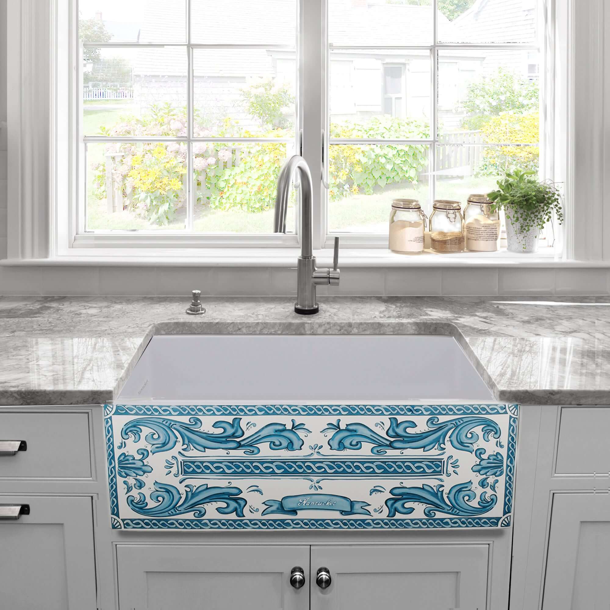 Nantucket Sinks Vineyard 33" Fireclay Farmhouse Sink with Accessories, White/Blue, FCFS3320S-BluMare