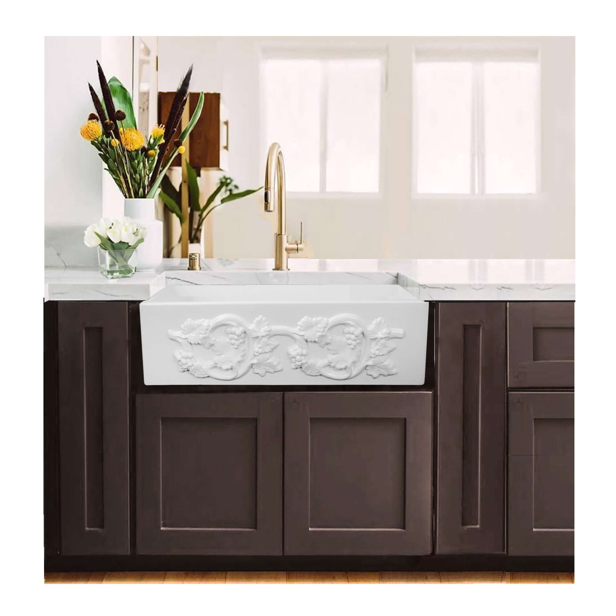 Nantucket Sinks Vineyard 33" Fireclay Farmhouse Sink with Accessories, White, FCFS3320S-Grapes