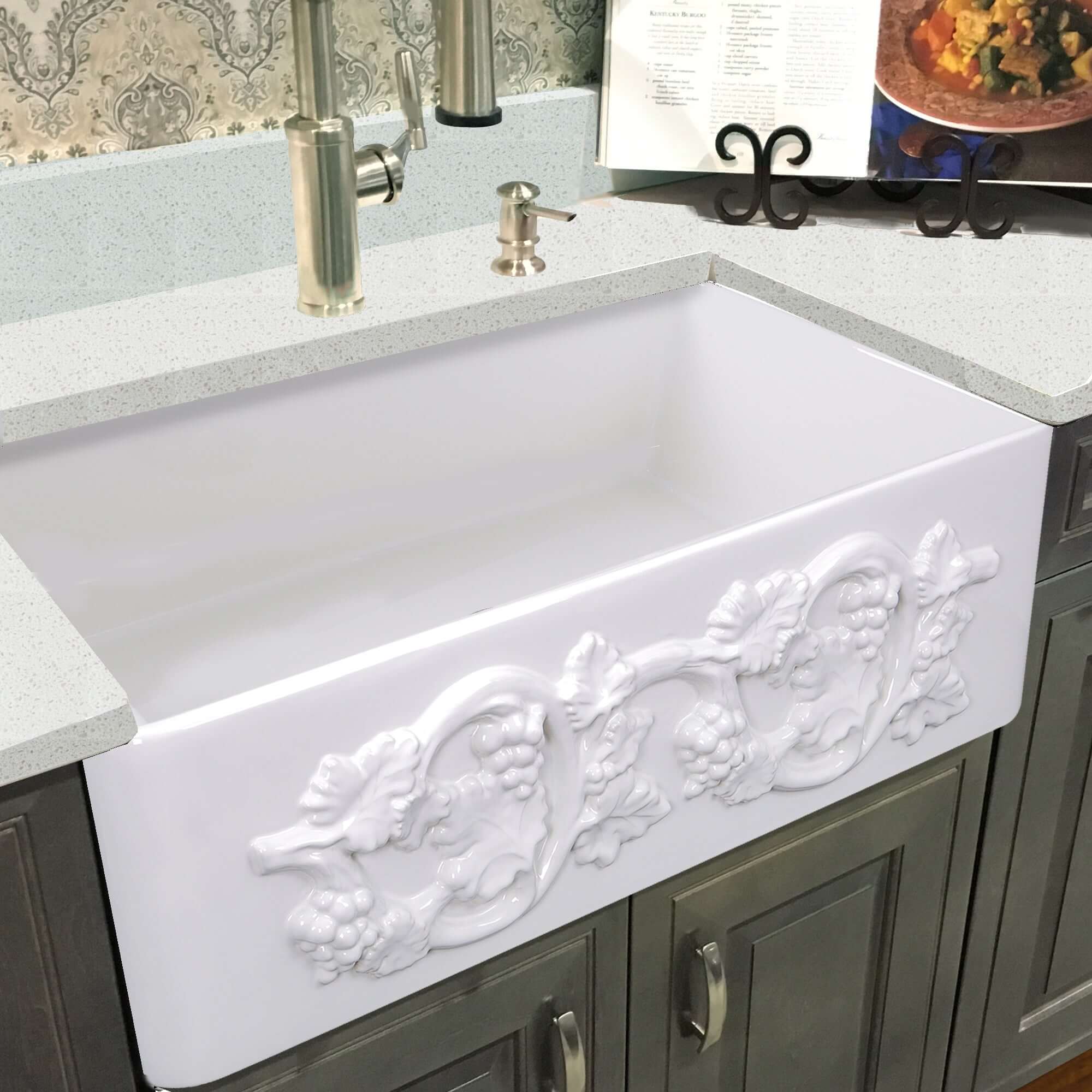 Nantucket Sinks Vineyard 33" Fireclay Farmhouse Sink with Accessories, White, FCFS3320S-Grapes