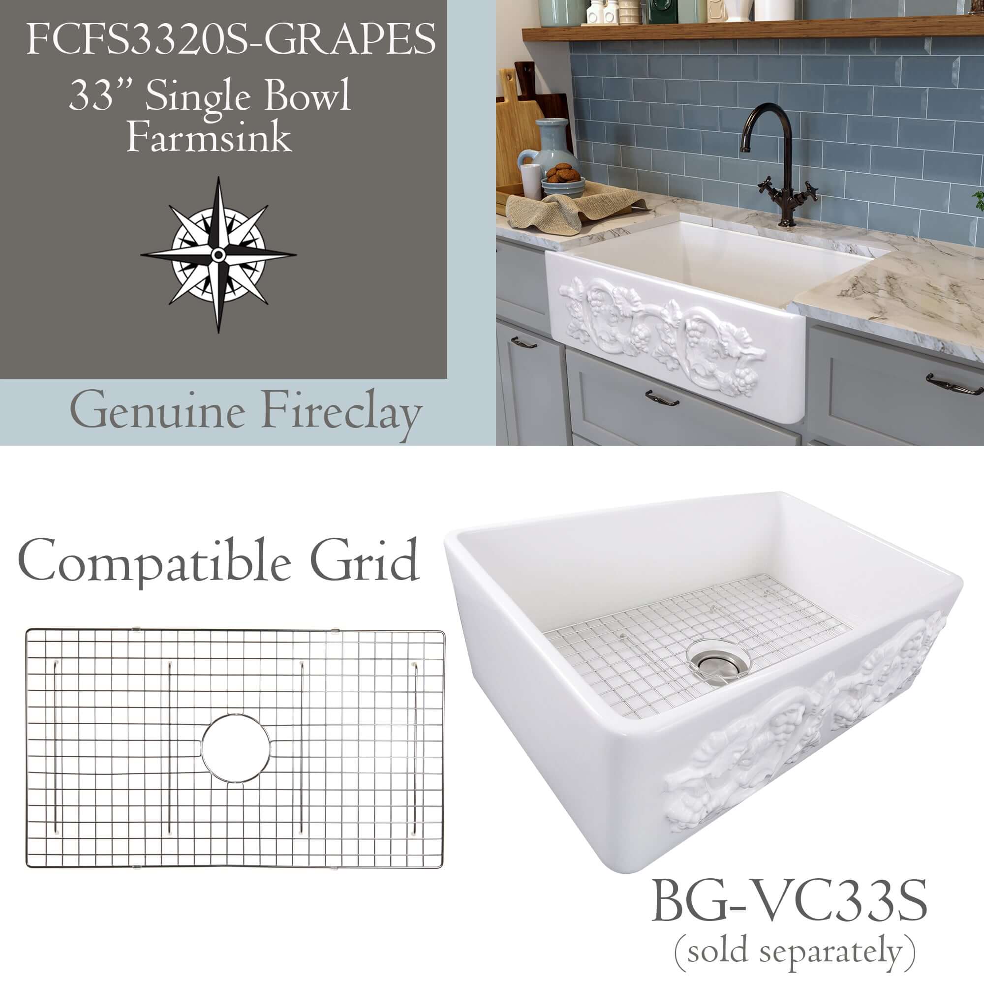 Nantucket Sinks Vineyard 33" Fireclay Farmhouse Sink with Accessories, White, FCFS3320S-Grapes