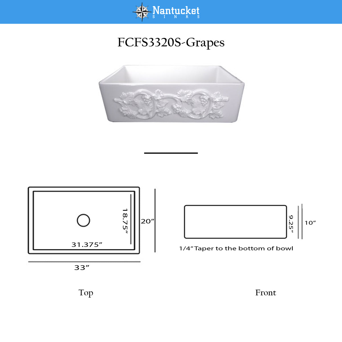 Nantucket Sinks Vineyard 33" Fireclay Farmhouse Sink with Accessories, White, FCFS3320S-Grapes