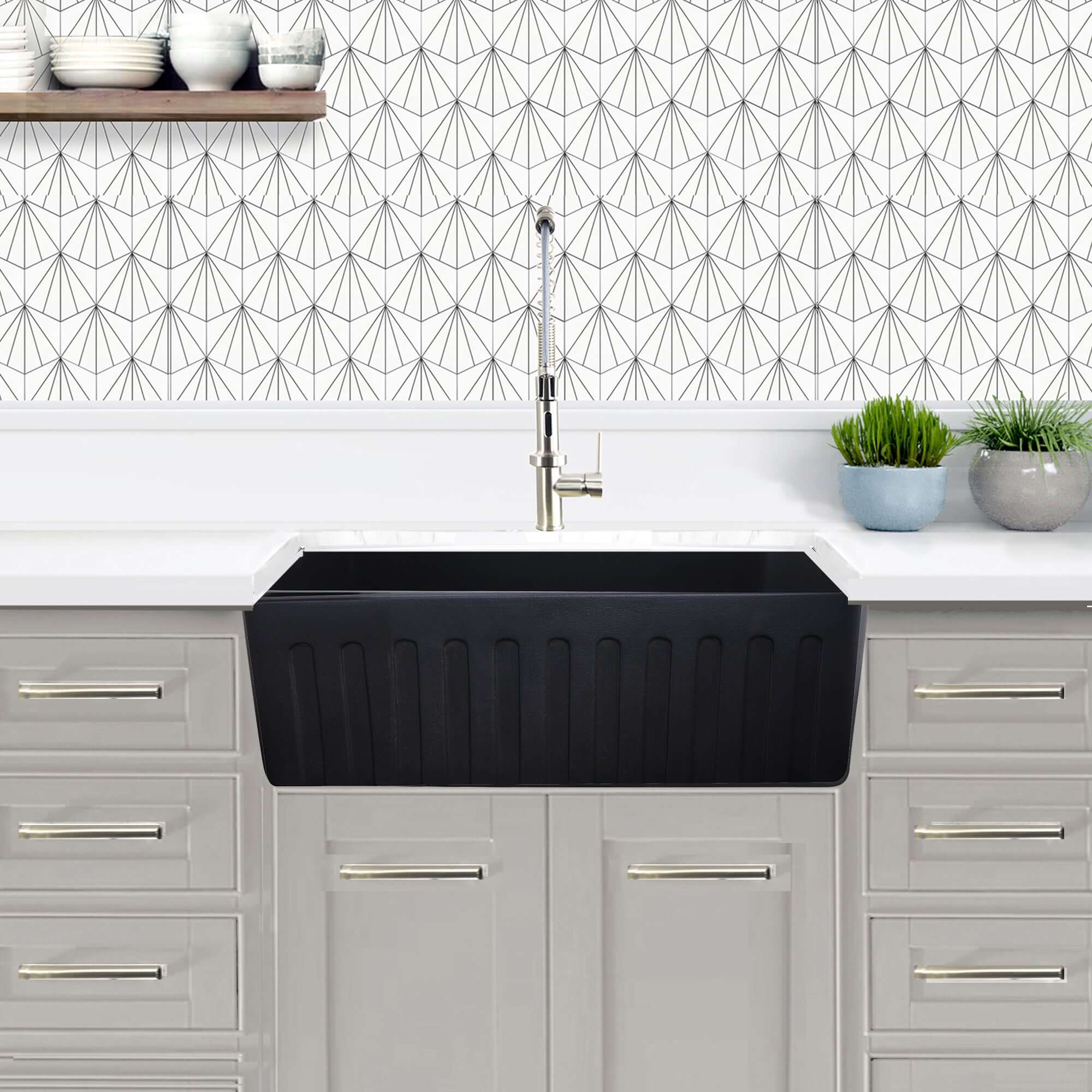 Nantucket Sinks Vineyard 33" Fireclay Farmhouse Sink with Accessories, Matte Black, FCFS3320S-MatteBlack