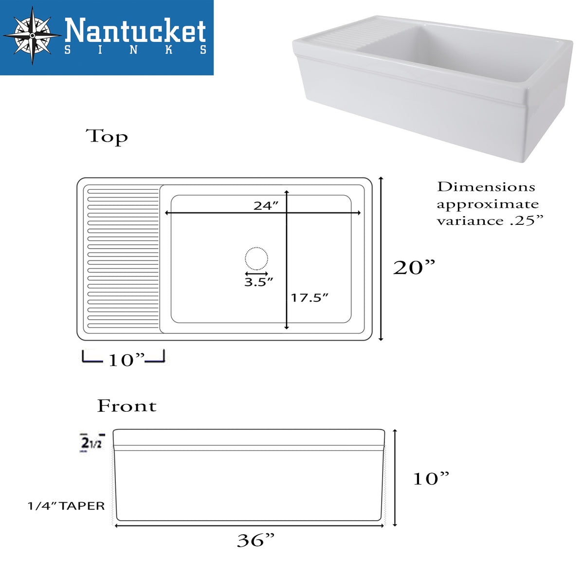 Nantucket Sinks Cape 36" Fireclay Farmhouse Sink, White, FCFS36-DB