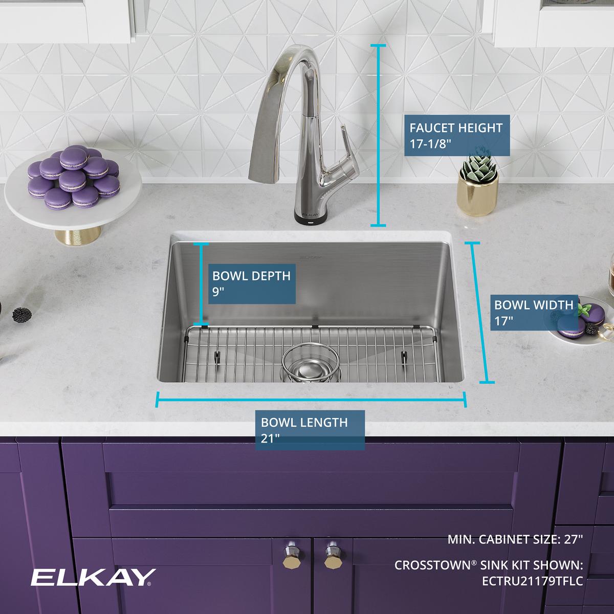 Elkay Crosstown 23" Undermount Stainless Steel Kitchen Sink Kit with Faucet, Single Bowl 18 Gauge, ECTRU21179TFLC