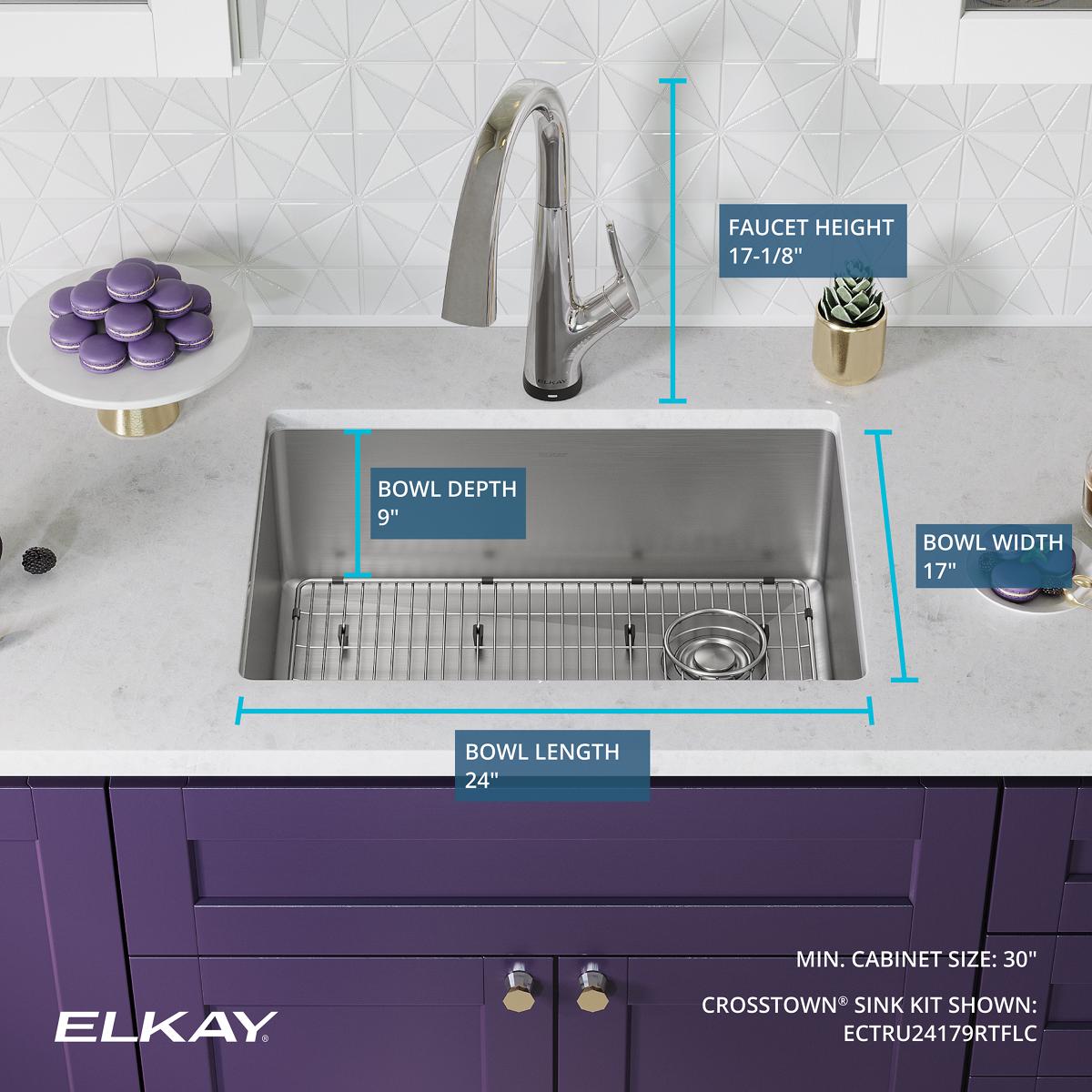 Elkay Crosstown 26" Undermount Stainless Steel Kitchen Sink Kit with Faucet, Single Bowl 18 Gauge, ECTRU24179RTFLC