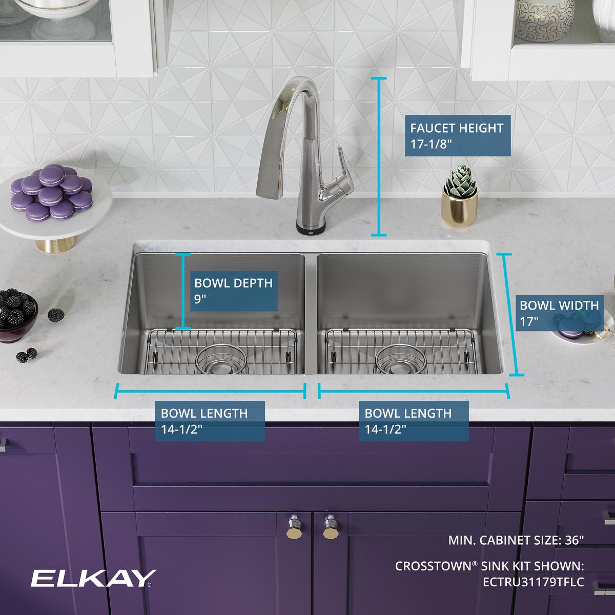 Elkay Crosstown 32" Undermount Stainless Steel Kitchen Sink Kit with Faucet, 50/50 Double Bowl, 18 Gauge, ECTRU31179TFLC