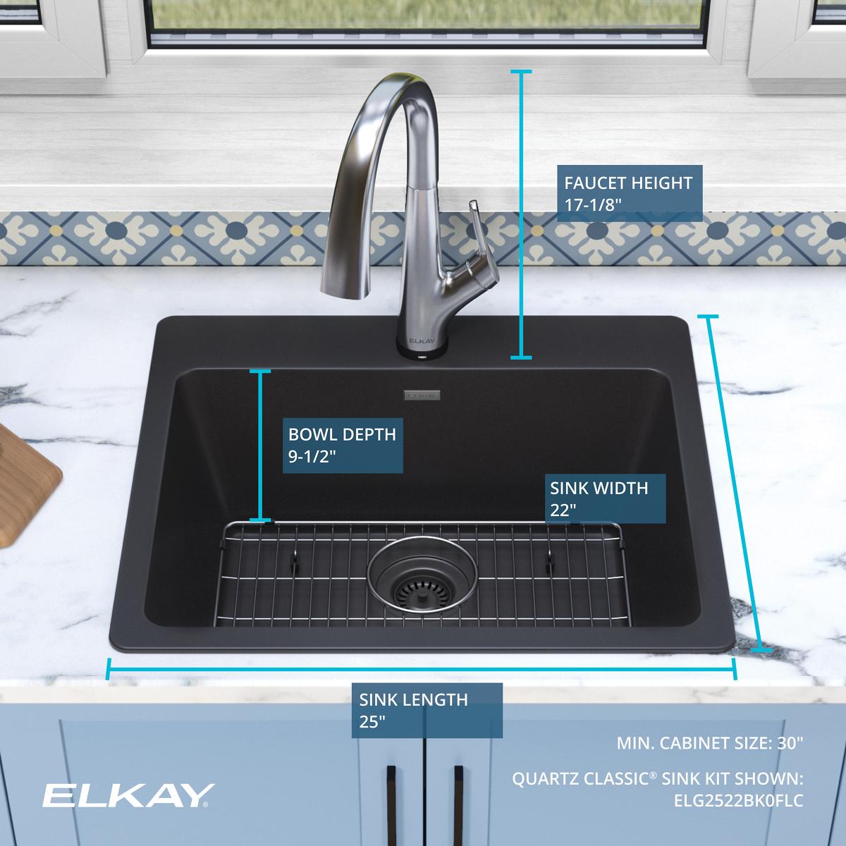 Elkay Quartz Classic 25" Drop In/Topmount Quartz Kitchen Sink Kit with Faucet, Single Bowl Black, 5 Pre-scored Faucet Holes, ELG2522BK0FLC