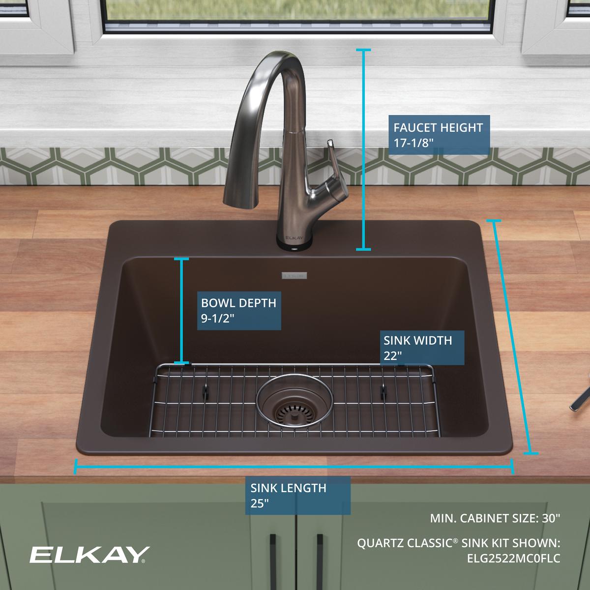 Elkay Quartz Classic 25" Drop In/Topmount Quartz Kitchen Sink Kit with Faucet, Single Bowl Mocha, 5 Pre-scored Faucet Holes, ELG2522MC0FLC