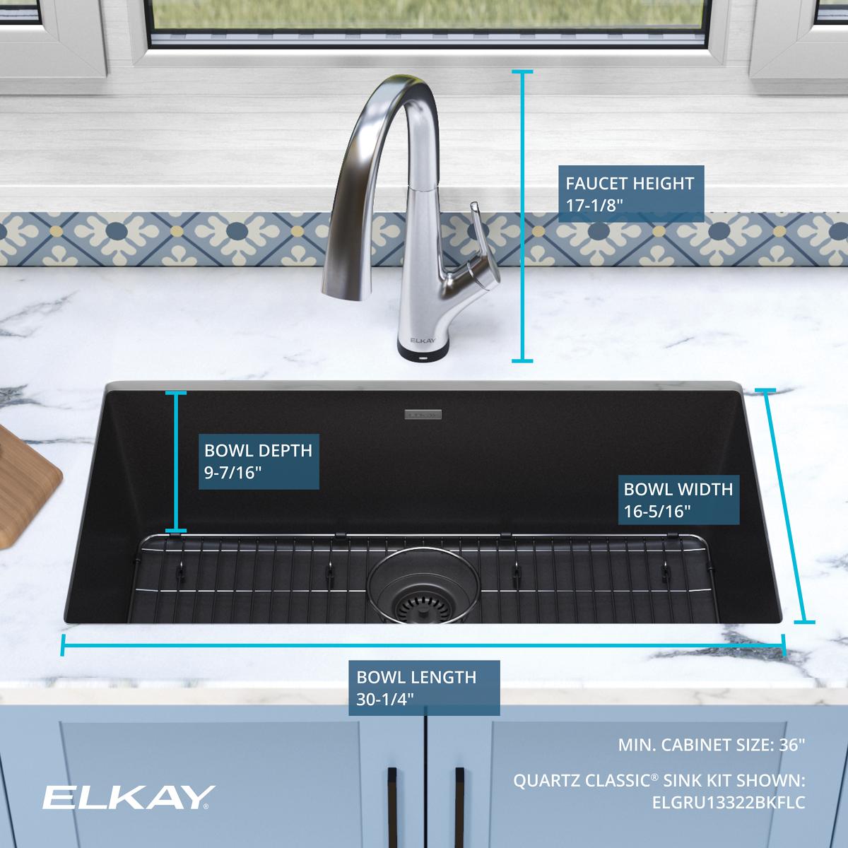 Elkay Quartz Classic 33" Undermount Quartz Kitchen Sink Kit with Faucet, Single Bowl Black, ELGRU13322BKFLC