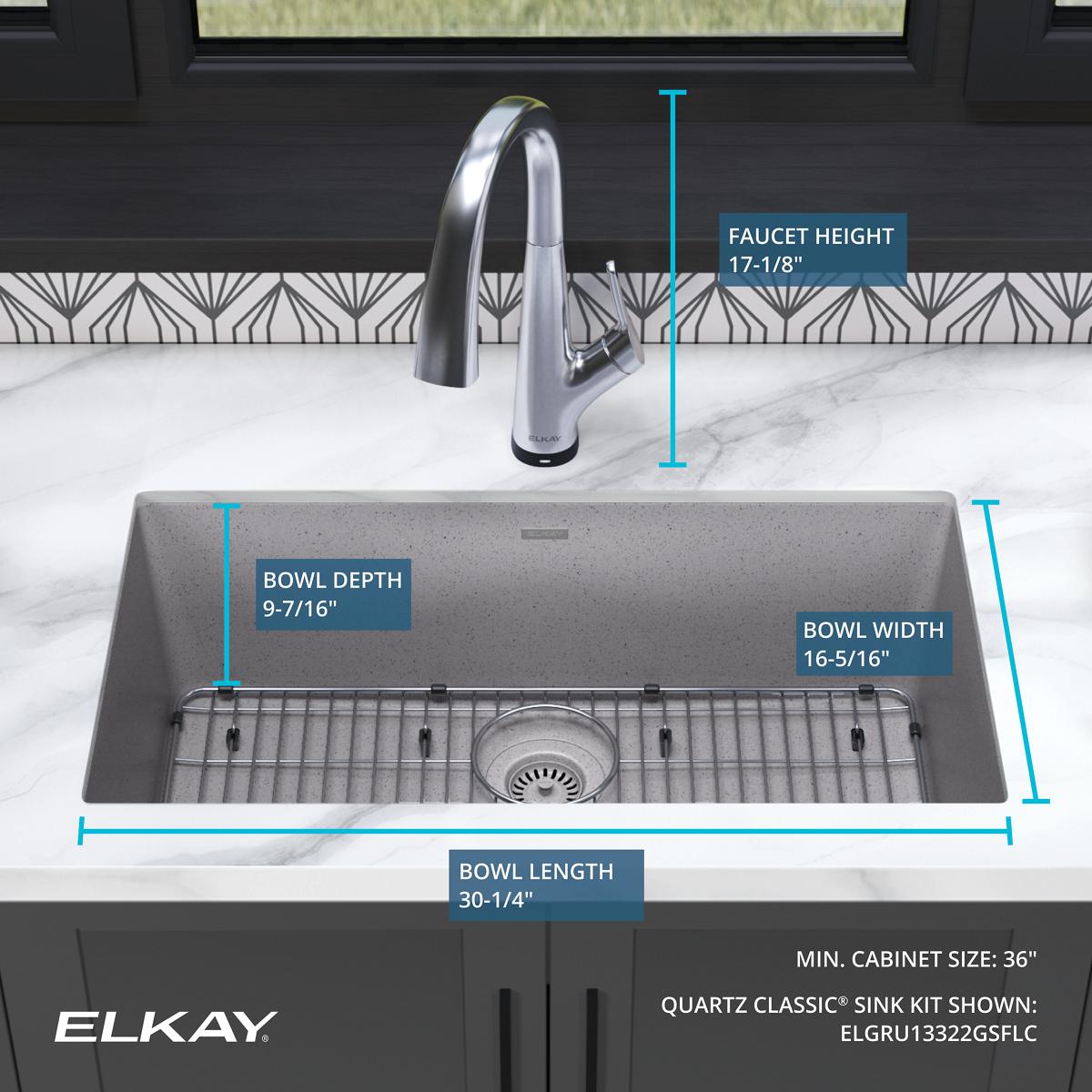 Elkay Quartz Classic 33" Undermount Quartz Kitchen Sink Kit with Faucet, Single Bowl Greystone, ELGRU13322GSFLC