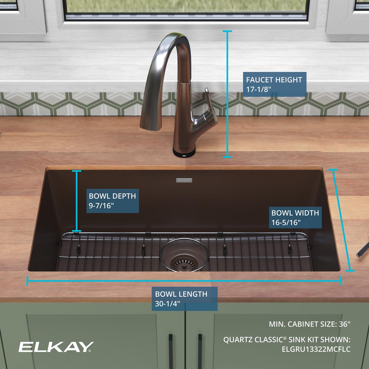 Elkay Quartz Classic 33" Undermount Quartz Kitchen Sink Kit with Faucet, Single Bowl Mocha, ELGRU13322MCFLC