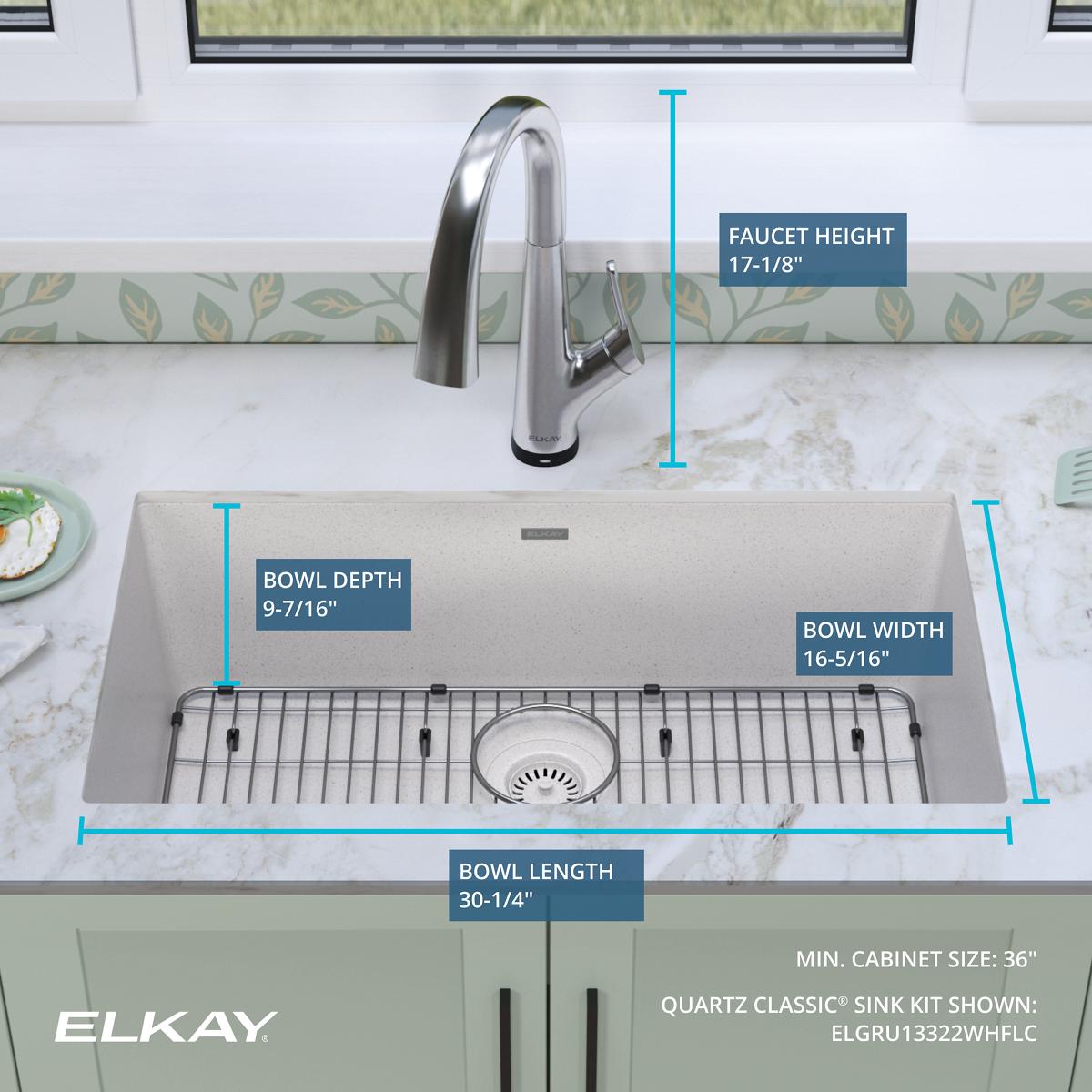 Elkay Quartz Classic 33" Undermount Quartz Kitchen Sink Kit with Faucet, Single Bowl White, ELGRU13322WHFLC
