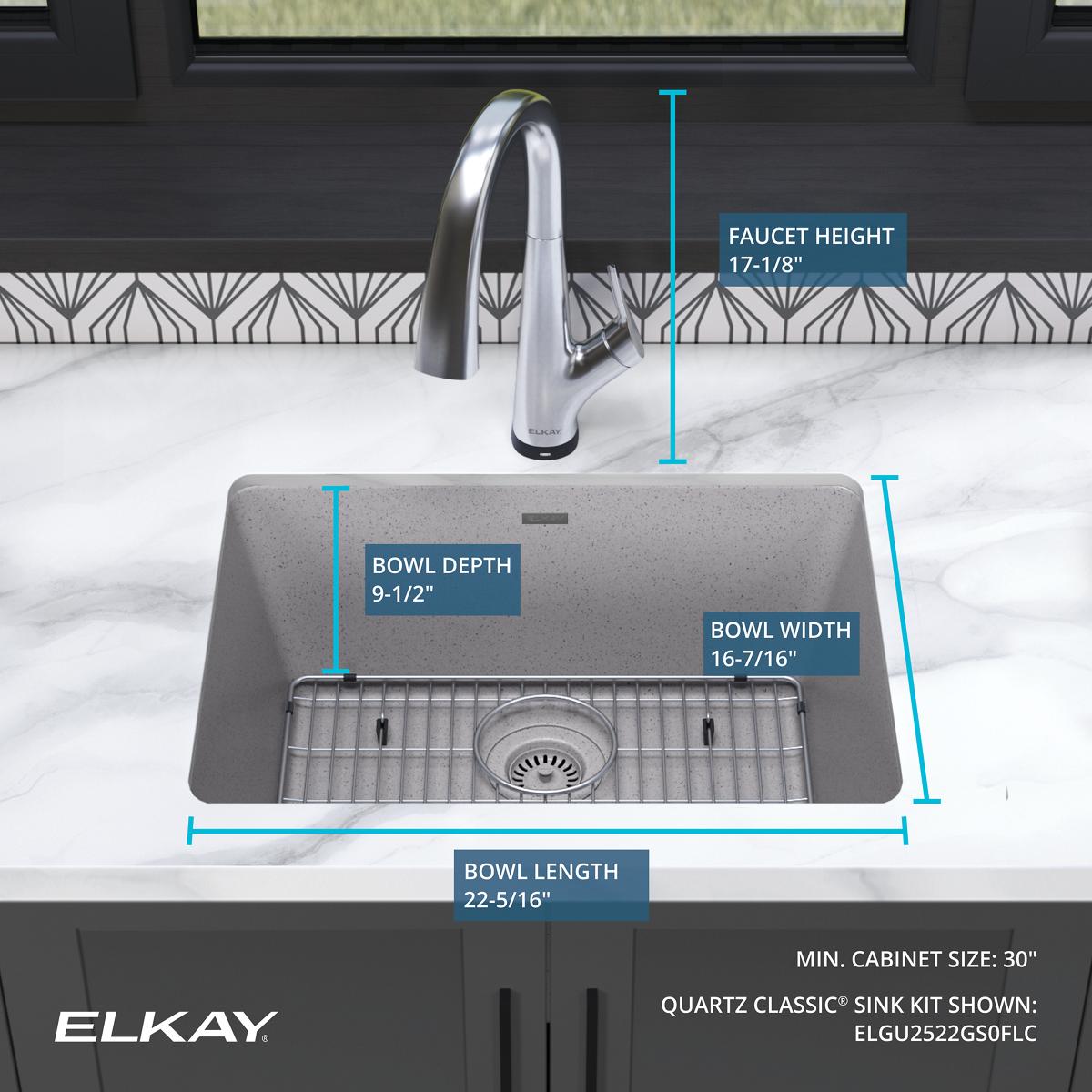 Elkay Quartz Classic 25" Undermount Quartz Kitchen Sink Kit with Faucet, Single Bowl Greystone, ELGU2522GS0FLC