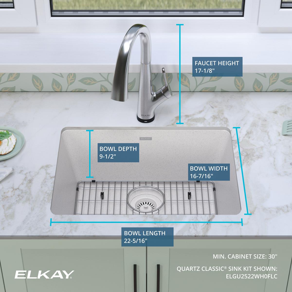 Elkay Quartz Classic 25" Undermount Quartz Kitchen Sink Kit with Faucet, Single Bowl White, ELGU2522WH0FLC