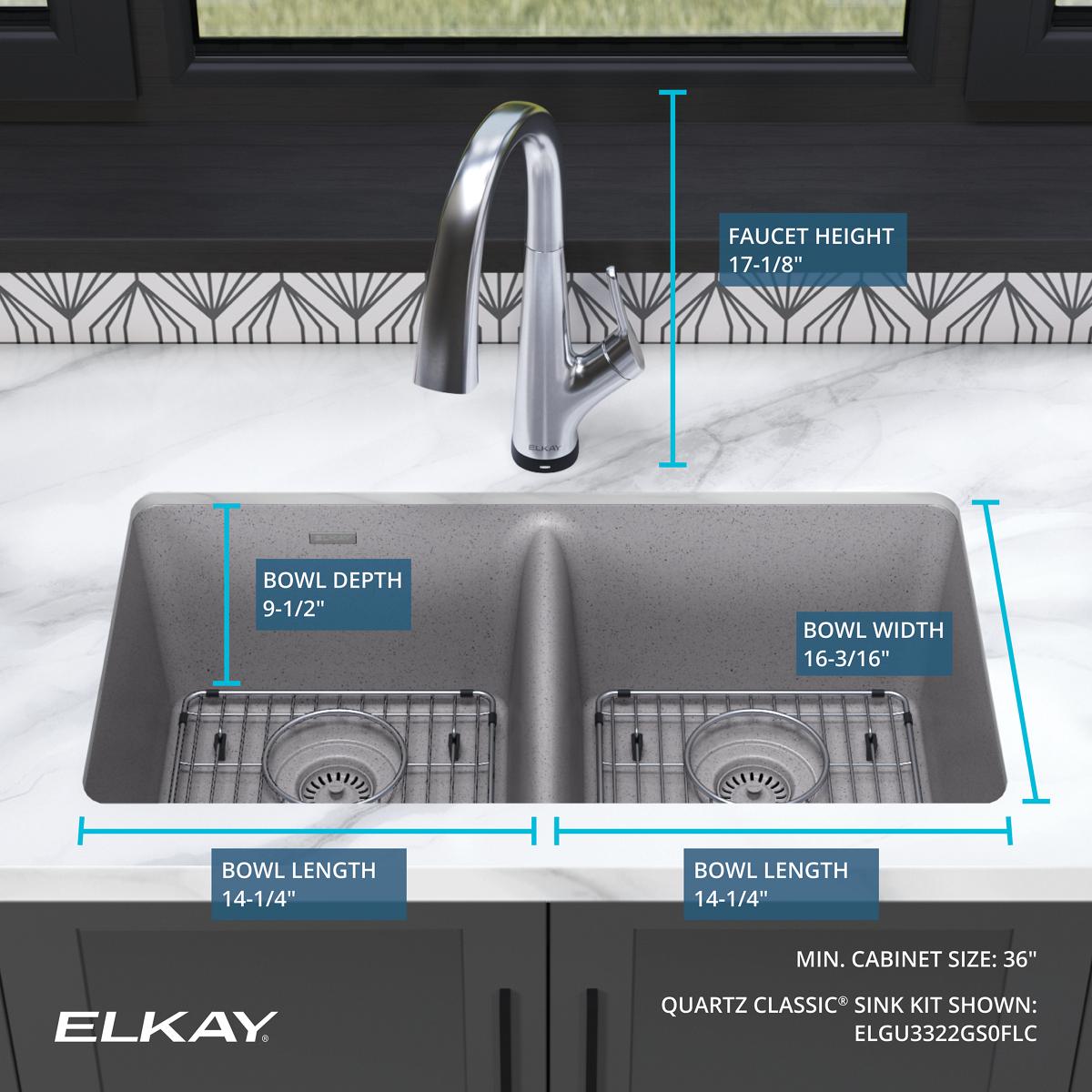 Elkay Quartz Classic 33" Undermount Quartz Kitchen Sink Kit with Faucet, 50/50 Double Bowl, Greystone, ELGU3322GS0FLC