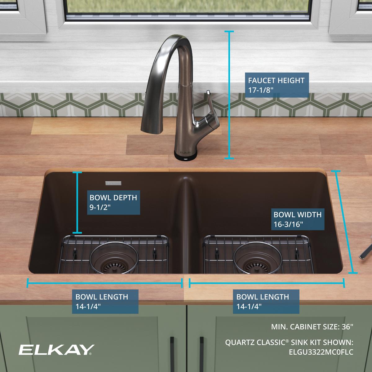 Elkay Quartz Classic 33" Undermount Quartz Kitchen Sink Kit with Faucet, 50/50 Double Bowl, Mocha, ELGU3322MC0FLC