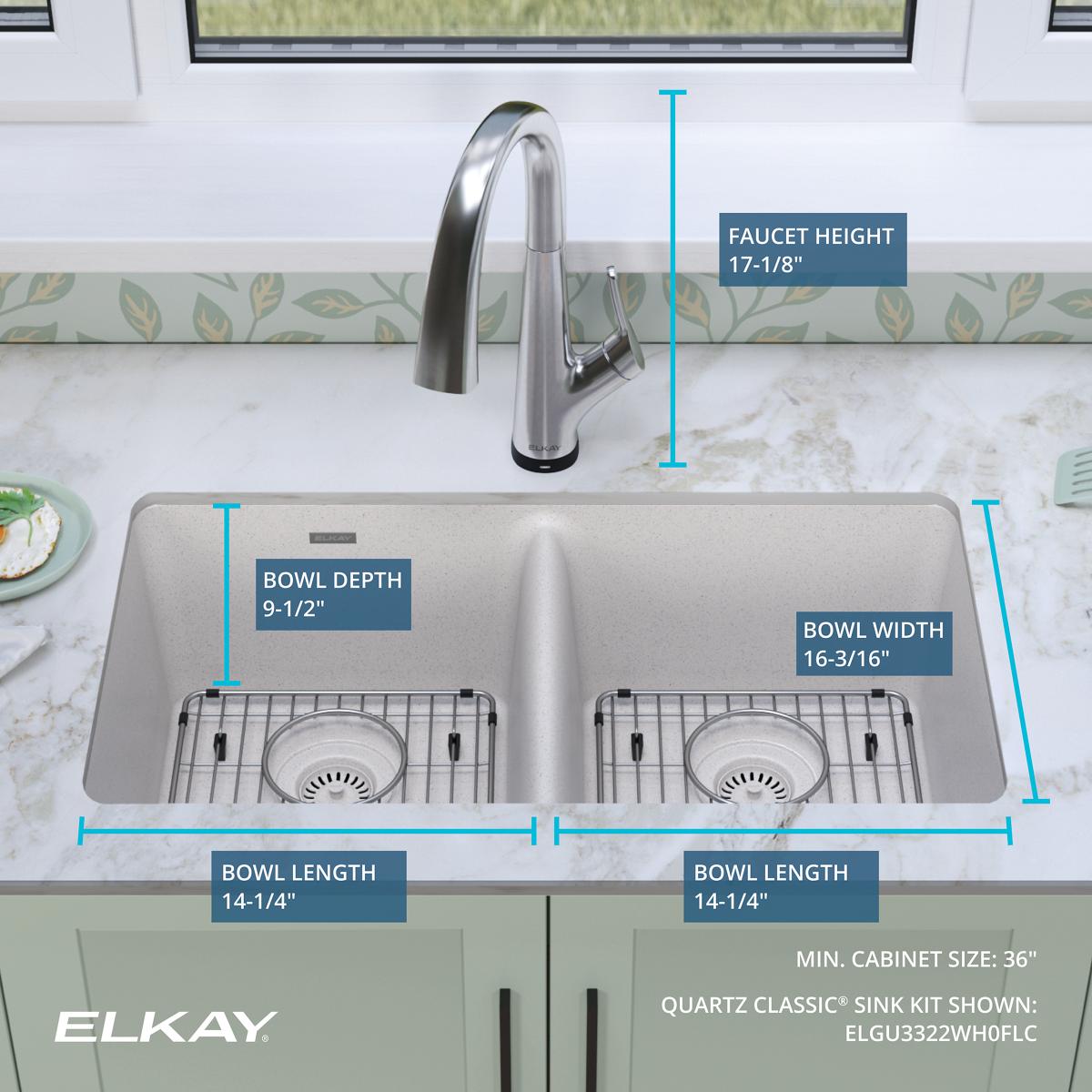 Elkay Quartz Classic 33" Undermount Quartz Kitchen Sink Kit with Faucet, 50/50 Double Bowl, White, ELGU3322WH0FLC