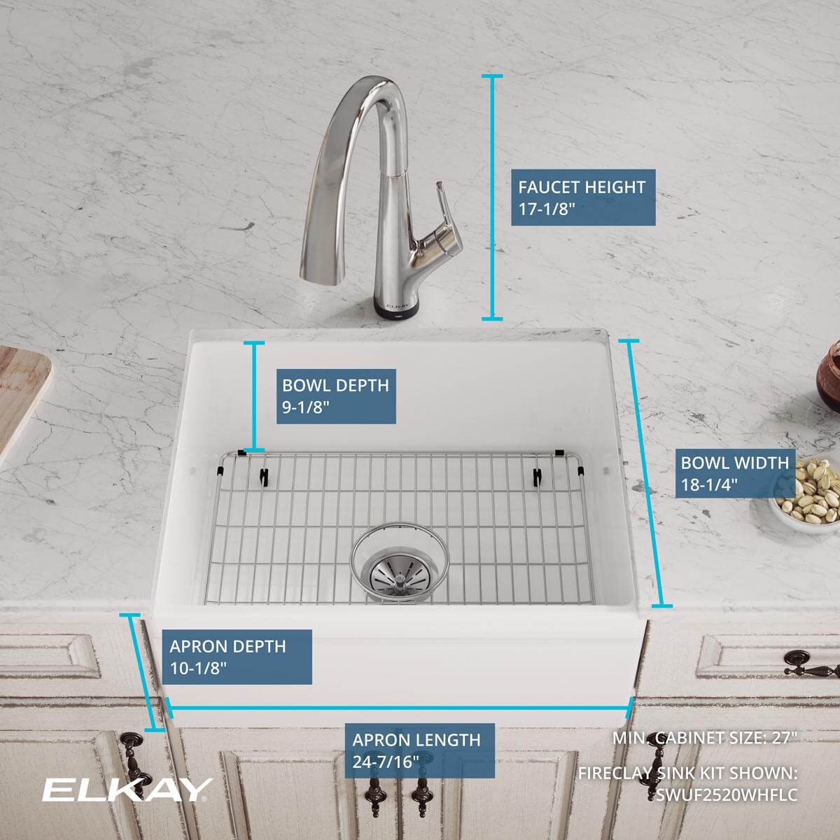 Elkay 24" Fireclay Farmhouse Sink Kit with Faucet, Single Bowl White, SWUF2520WHFLC