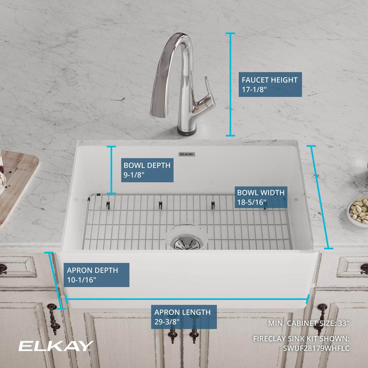 Elkay 30" Fireclay Farmhouse Sink Kit with Faucet, Single Bowl White, SWUF28179WHFLC