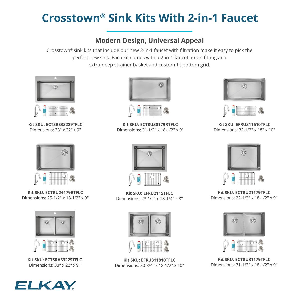 Elkay Crosstown 32" Undermount Stainless Steel Kitchen Sink Kit with Faucet, 50/50 Double Bowl, 18 Gauge, ECTRU31179TFLC