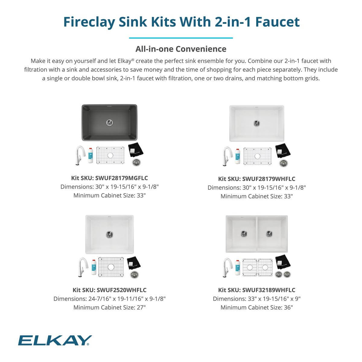 Elkay 33" Fireclay Farmhouse Sink Kit with Faucet, 50/50 Double Bowl, White, SWUF32189WHFLC