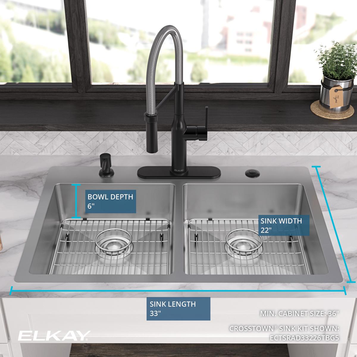 Elkay Crosstown 33" Dual Mount Stainless Steel ADA Kitchen Sink Kit, 50/50 Double Bowl, Polished Satin, No Faucet Hole, ECTSRAD33226TBG0