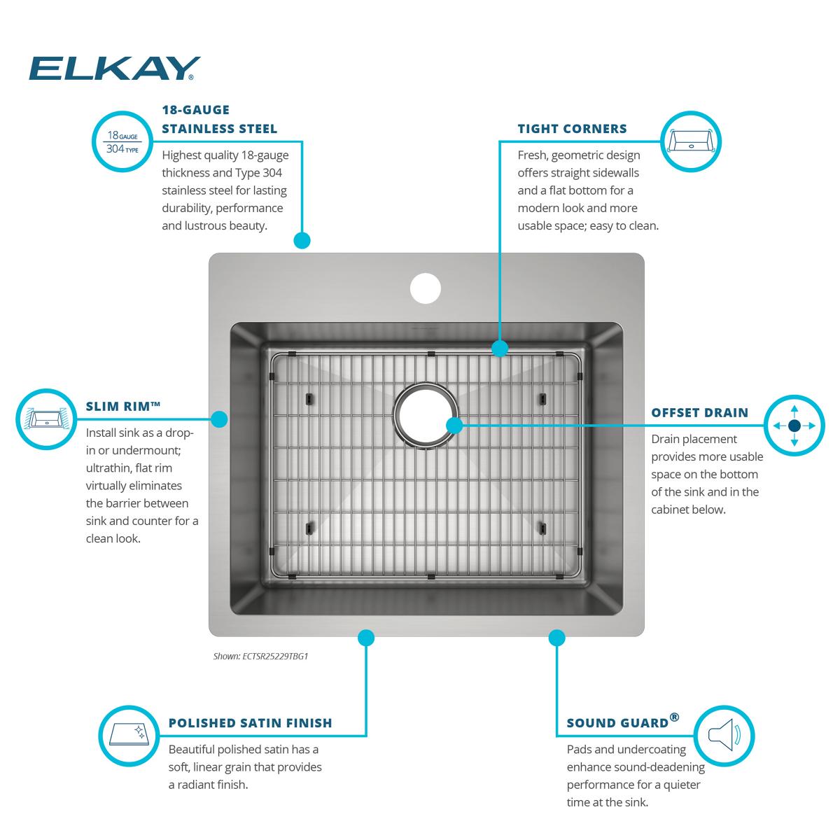 Elkay Crosstown 25" Dual Mount Stainless Steel Kitchen Sink Kit with Faucet, Custom Faucet Holes, ECTSR25229TFGB